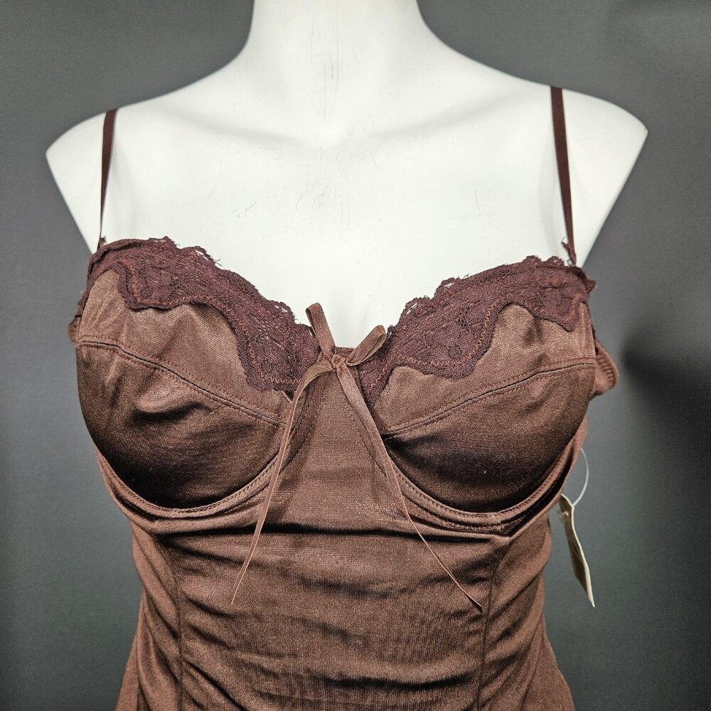 Satin Corset Top Womens L Brown Lace Ruched Bustier Cami Lingerie Coquette Y2K - Picture 2 of 11